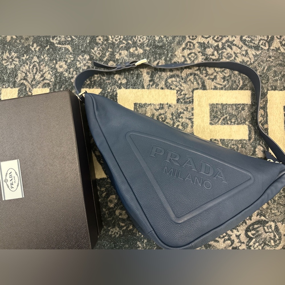 Blue Leather Prada Triangle Messenger Bag Purse